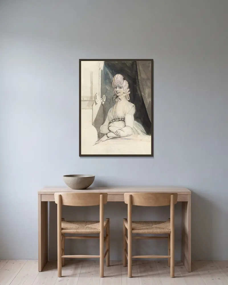 Mrs. Fuseli, an einem Tisch vor Nische mit Vorhang av Henry Fuseli inramad på en vägg
