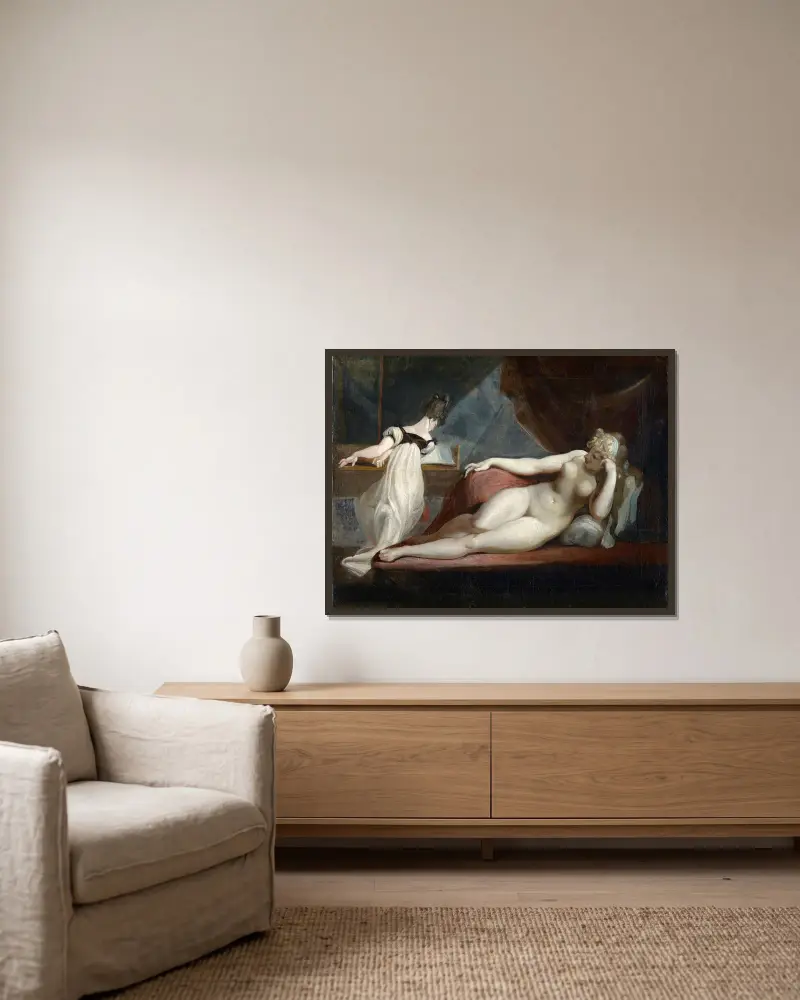 Liggande naken figur och kvinna vid pianot av Henry Fuseli inramad på en vägg