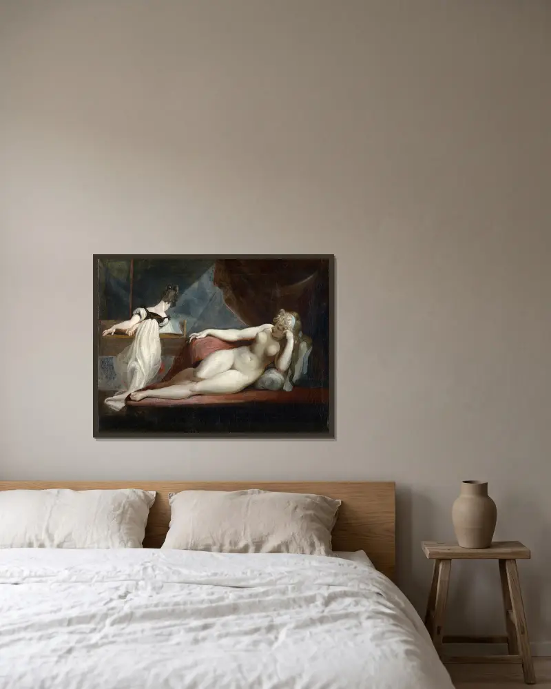 Liggande naken figur och kvinna vid pianot av Henry Fuseli inramad på en vägg