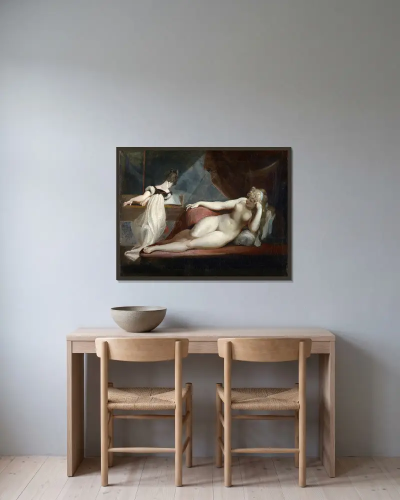 Liggande naken figur och kvinna vid pianot av Henry Fuseli inramad på en vägg