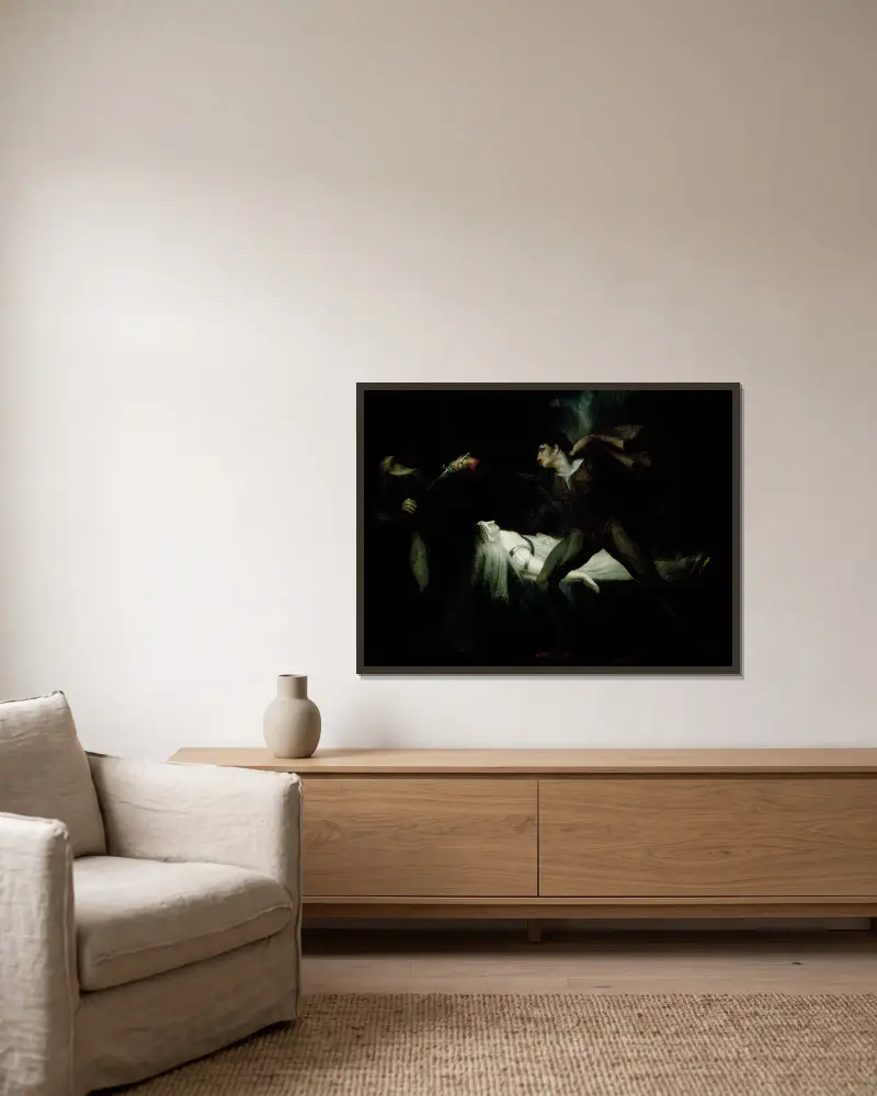 Romeo stöter ned Paris vid Julias bår av Henry Fuseli inramad på en vägg