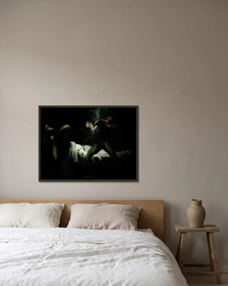 Romeo stöter ned Paris vid Julias bår av Henry Fuseli inramad på en vägg