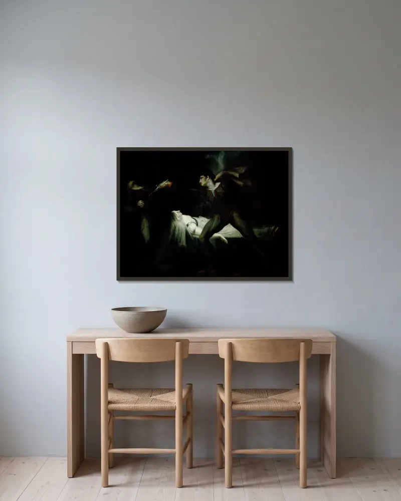 Romeo stöter ned Paris vid Julias bår av Henry Fuseli inramad på en vägg