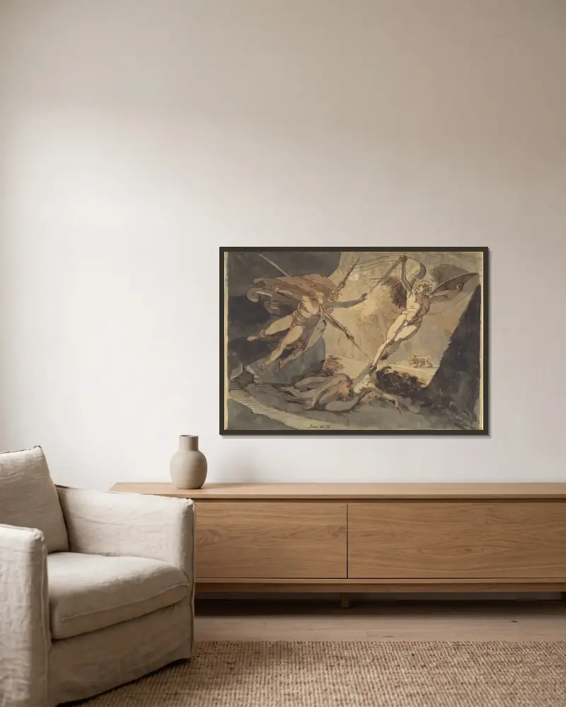 Satan erhebt sich bei der Berührung von Ithuriels Speer von Henry Fuseli gerahmt an einer Wand