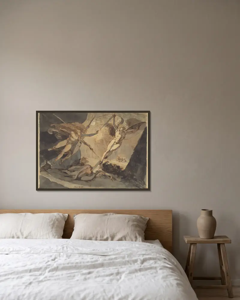 Satan erhebt sich bei der Berührung von Ithuriels Speer von Henry Fuseli gerahmt an einer Wand