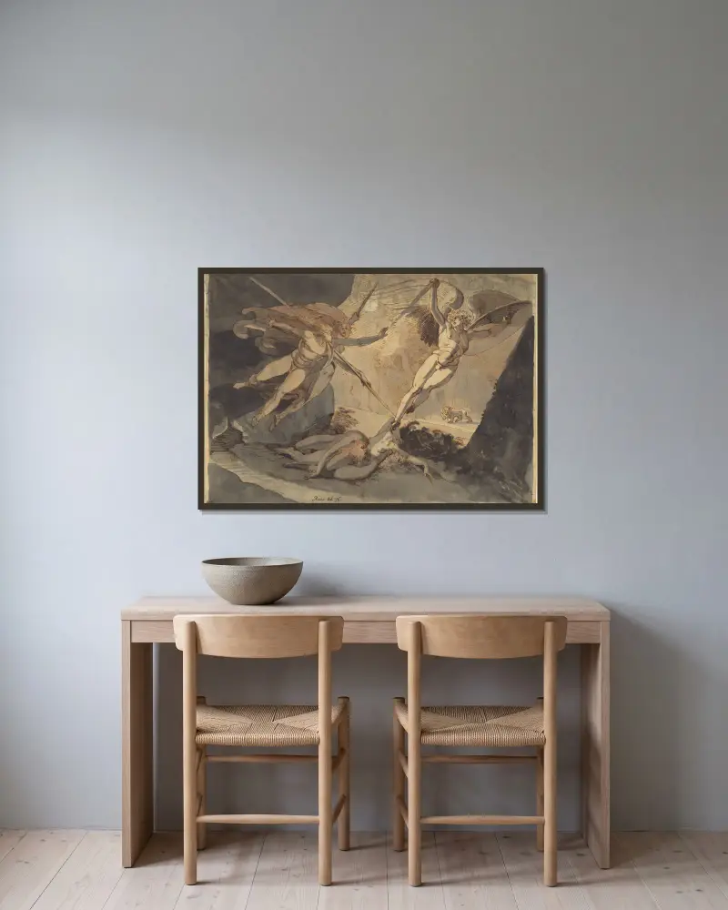 Satan erhebt sich bei der Berührung von Ithuriels Speer von Henry Fuseli gerahmt an einer Wand