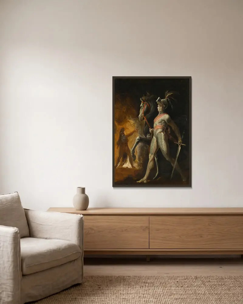 Mötet mellan sir Hüon av Bordeaux och Scherasmin i Libanongrottan, ur Wielands Oberon av Henry Fuseli inramad på en vägg