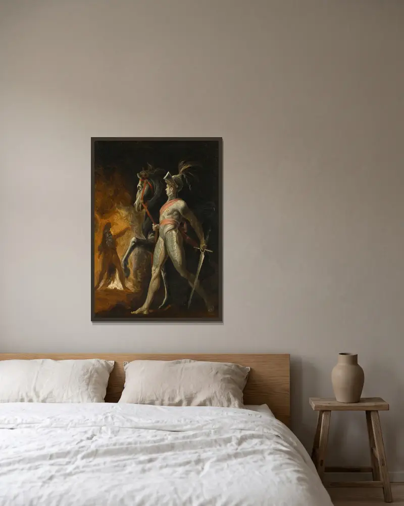 Mötet mellan sir Hüon av Bordeaux och Scherasmin i Libanongrottan, ur Wielands Oberon av Henry Fuseli inramad på en vägg