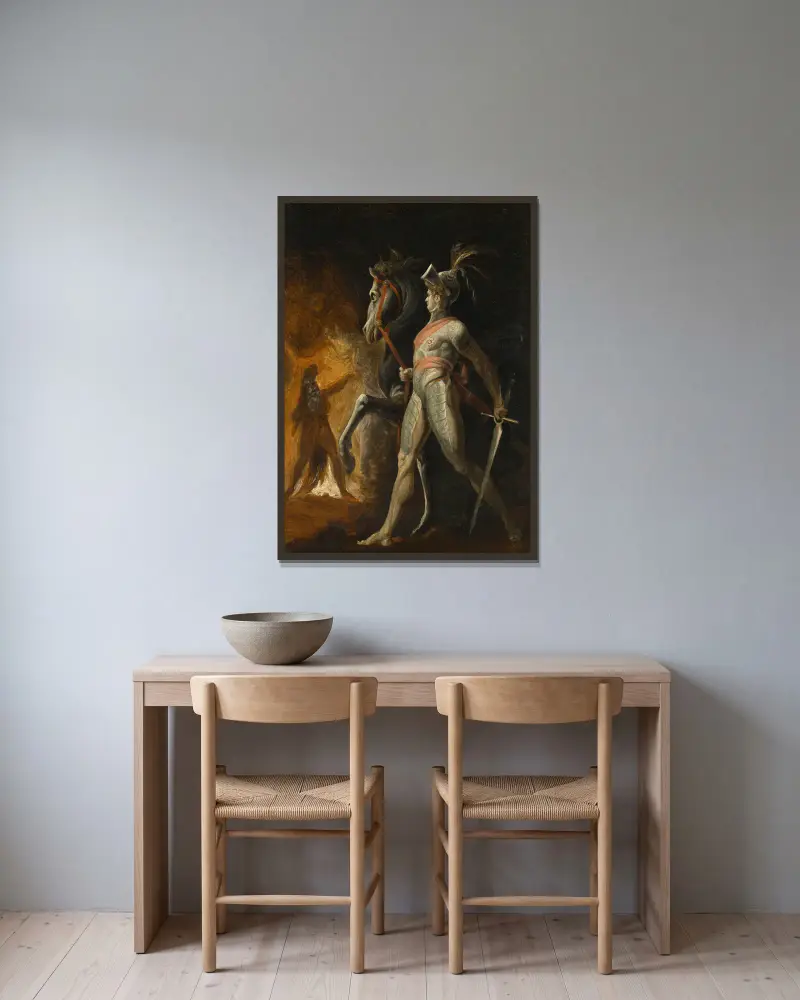 Mötet mellan sir Hüon av Bordeaux och Scherasmin i Libanongrottan, ur Wielands Oberon av Henry Fuseli inramad på en vägg