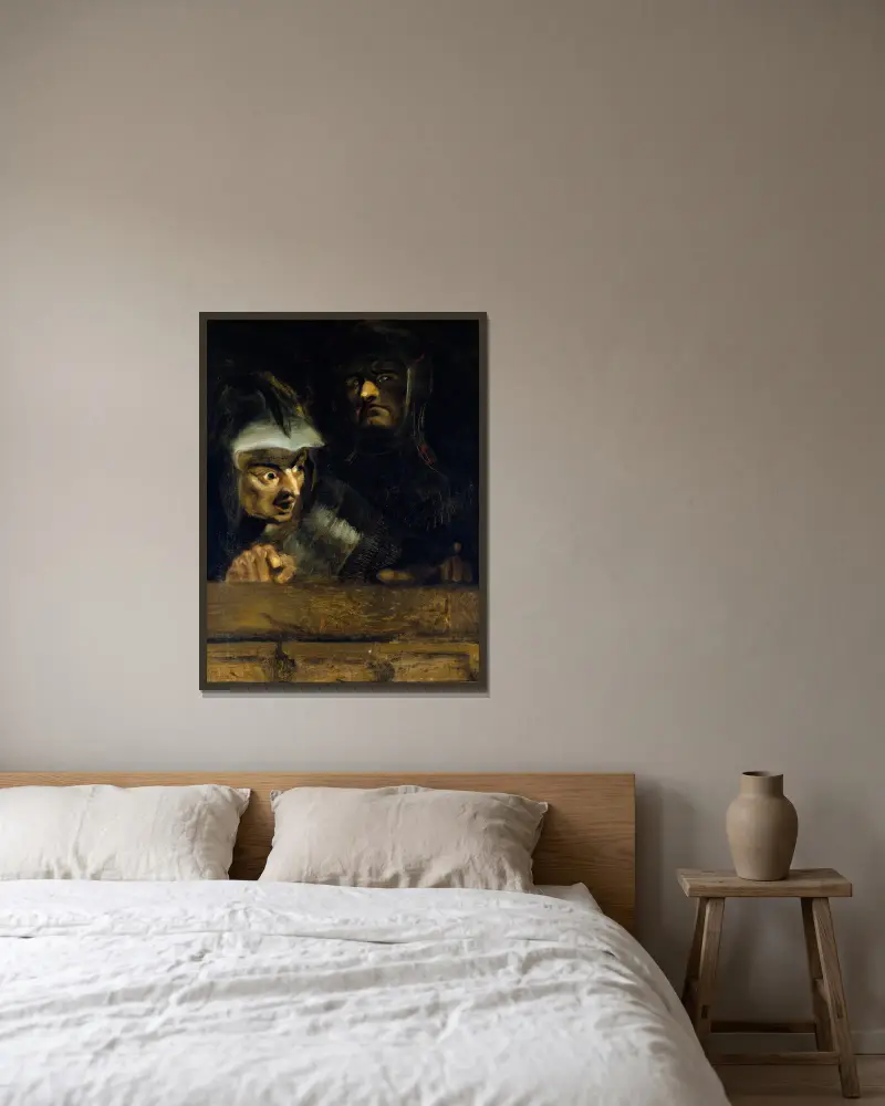 De två mördarna av hertigen av Clarence av Henry Fuseli inramad på en vägg