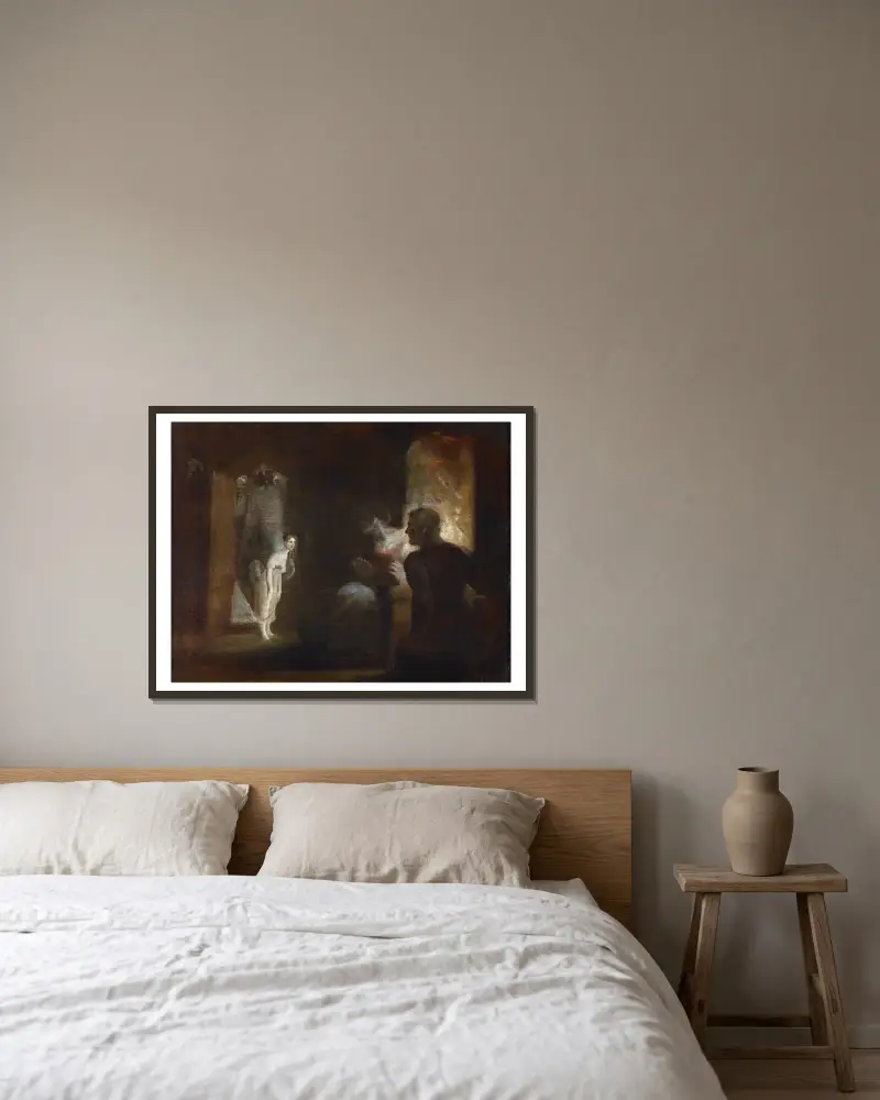 Undine tritt in das Haus des Fischers und seiner Frau von Henry Fuseli gerahmt an einer Wand
