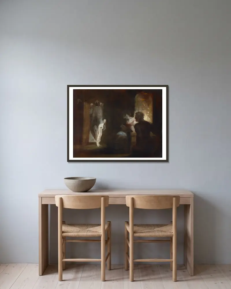 Undine tritt in das Haus des Fischers und seiner Frau von Henry Fuseli gerahmt an einer Wand