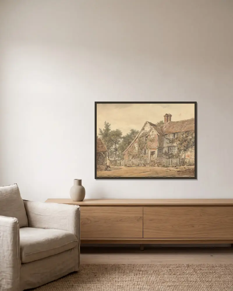 Ein Bauernhaus von William Henry Hunt gerahmt an einer Wand