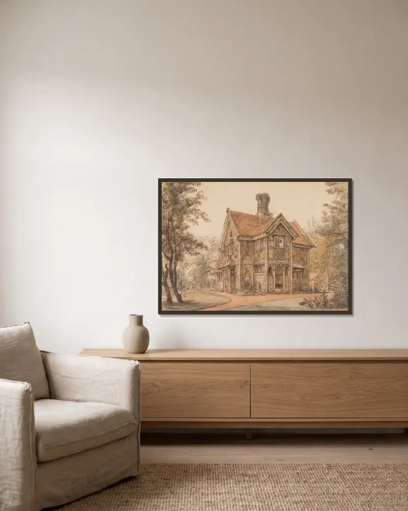 A Lodge at Cassiobury av William Henry Hunt inramad på en vägg