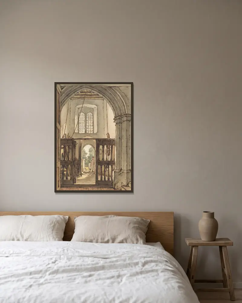 Interiör från klocktornet, Bushey kyrka av William Henry Hunt inramad på en vägg