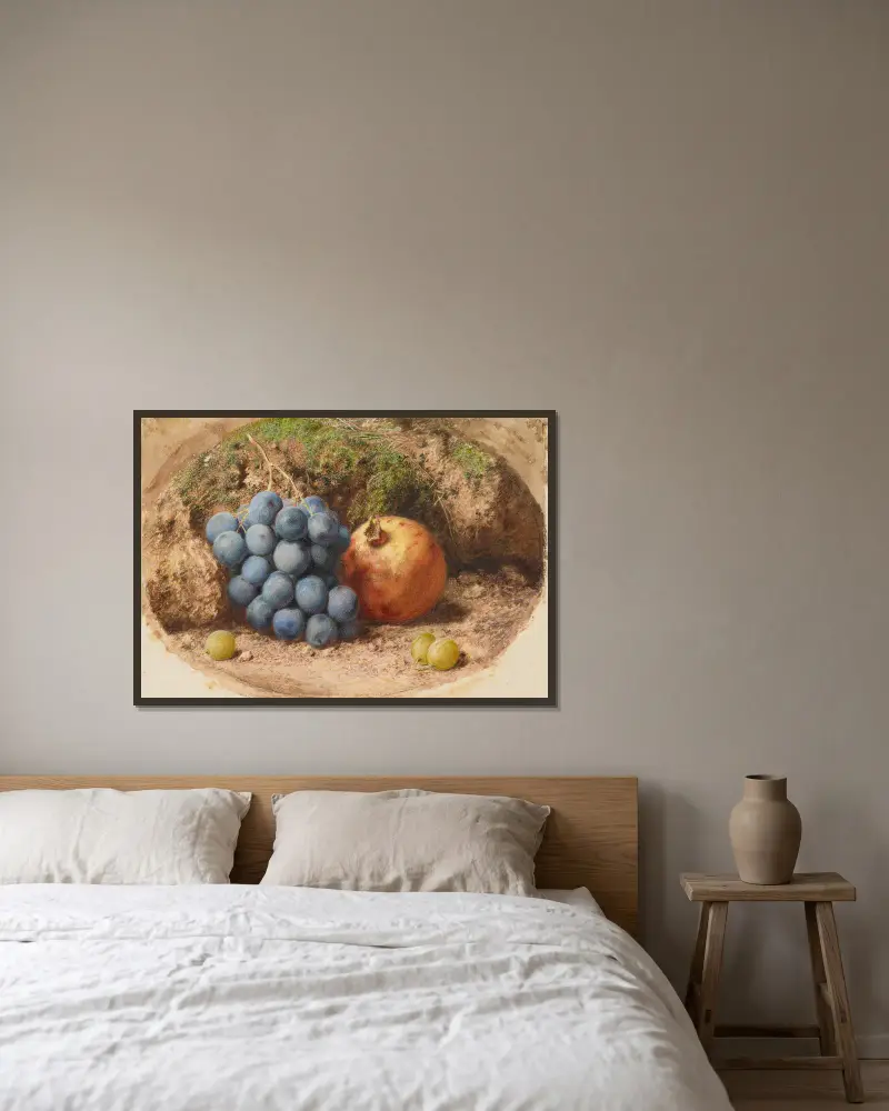 Still Life with Grapes and a Pomegranate av William Henry Hunt inramad på en vägg
