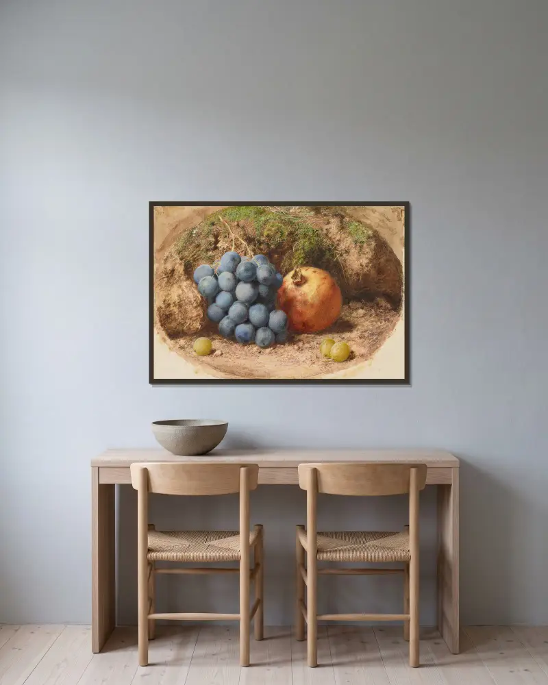 Still Life with Grapes and a Pomegranate av William Henry Hunt inramad på en vägg
