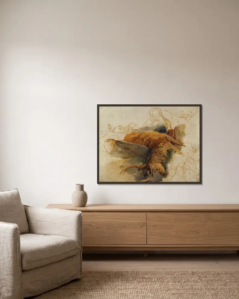 Ein toter Hirsch mit skizzierten Figuren eines Jägers und Hunden von Sir Edwin Henry Landseer gerahmt an einer Wand