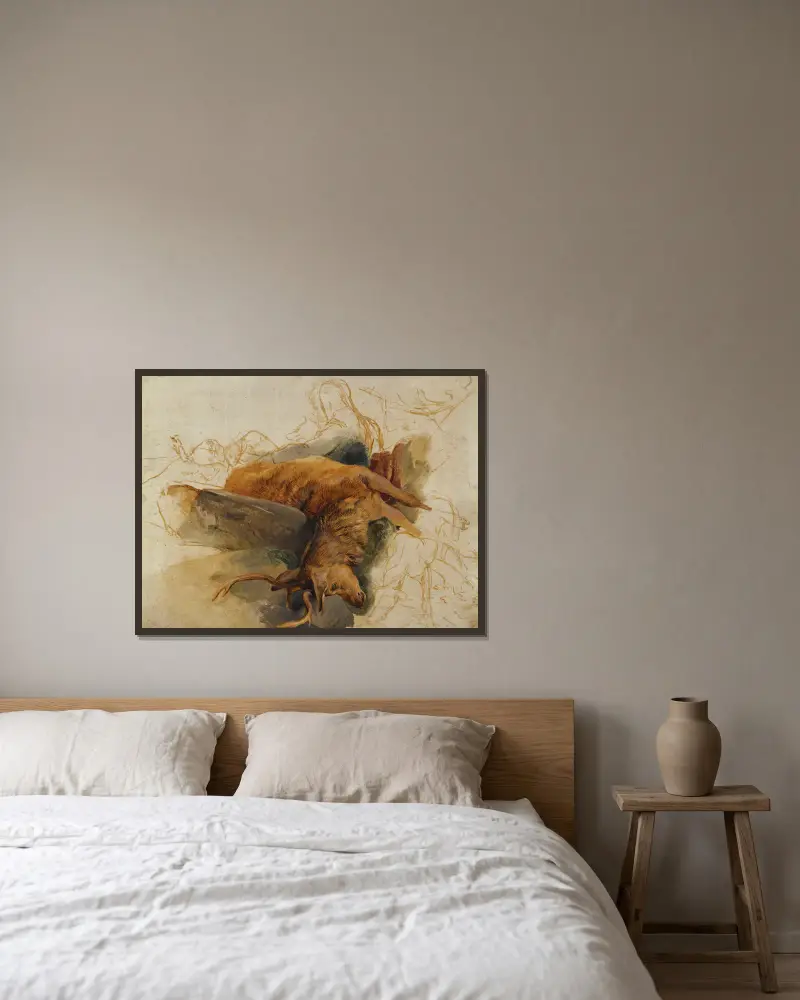 Ein toter Hirsch mit skizzierten Figuren eines Jägers und Hunden von Sir Edwin Henry Landseer gerahmt an einer Wand