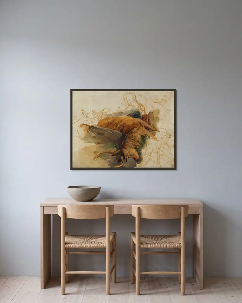 Ein toter Hirsch mit skizzierten Figuren eines Jägers und Hunden von Sir Edwin Henry Landseer gerahmt an einer Wand