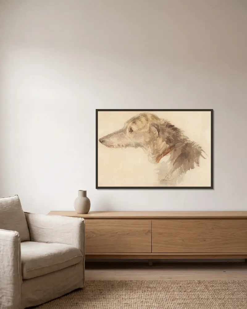 Ein irischer Wolfshund von Sir Edwin Henry Landseer gerahmt an einer Wand