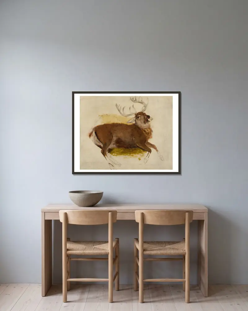 Dying Stag av Sir Edwin Henry Landseer inramad på en vägg