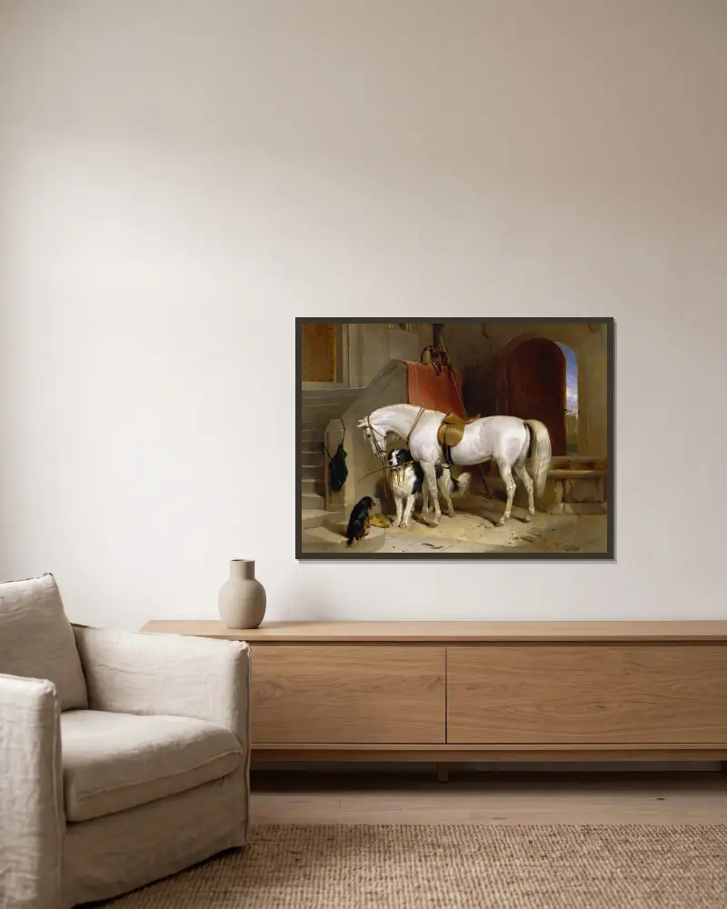 Favoriten, Eigentum Seiner Königlichen Hoheit Prinz Georg von Cambridge von Sir Edwin Henry Landseer gerahmt an einer Wand