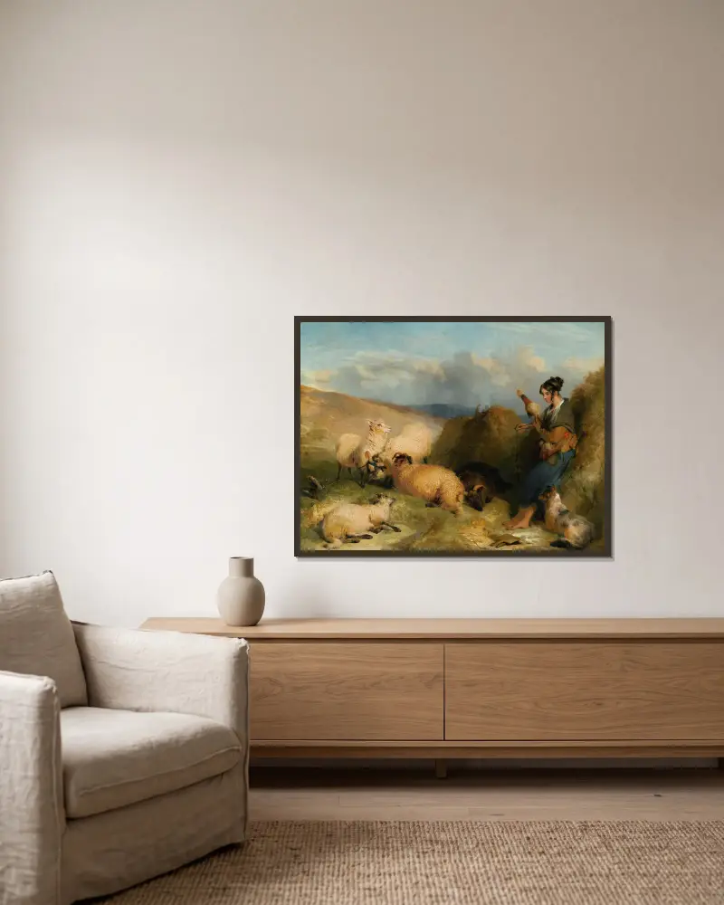 Lassie Herding Sheep av Sir Edwin Henry Landseer inramad på en vägg
