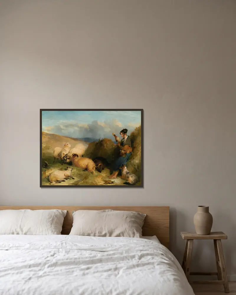 Lassie Herding Sheep av Sir Edwin Henry Landseer inramad på en vägg