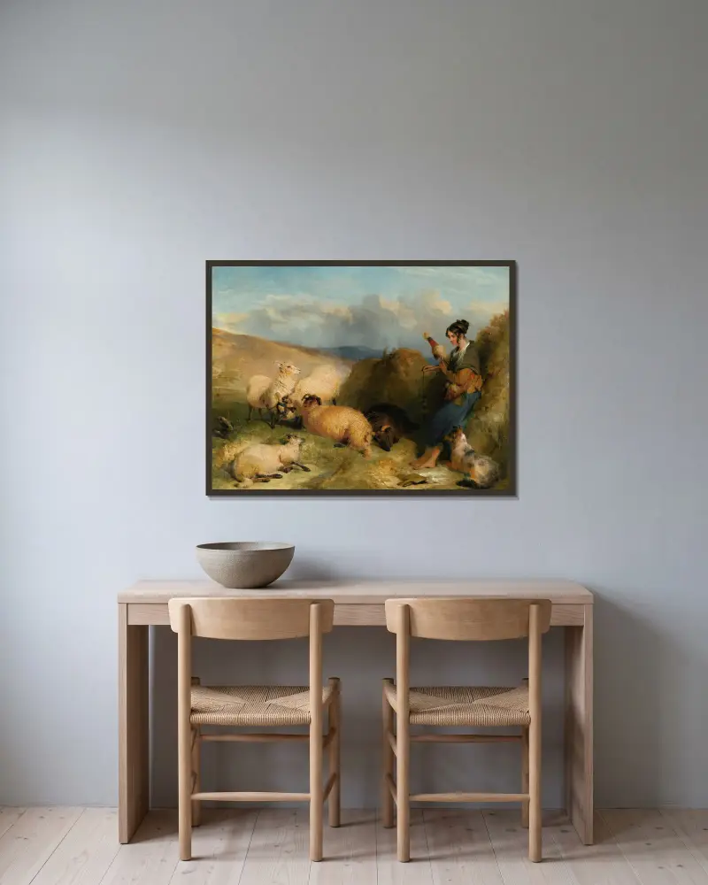 Lassie Herding Sheep av Sir Edwin Henry Landseer inramad på en vägg