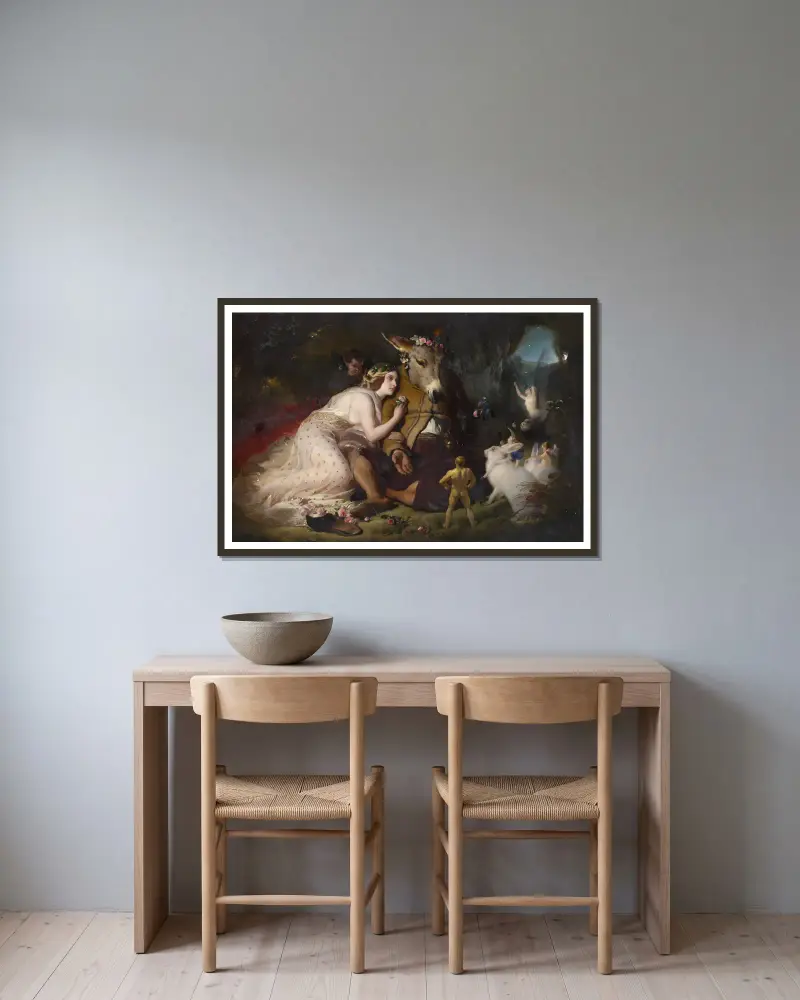 Scen ur En midsommarnattsdröm. Titania och Bottom av Sir Edwin Henry Landseer inramad på en vägg