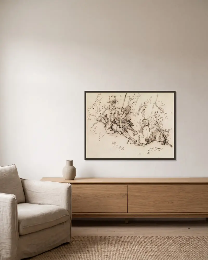 Jäger und zwei Hunde von Sir Edwin Henry Landseer gerahmt an einer Wand