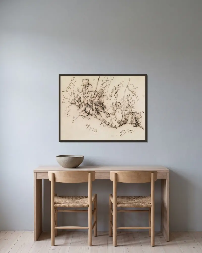 Jäger und zwei Hunde von Sir Edwin Henry Landseer gerahmt an einer Wand