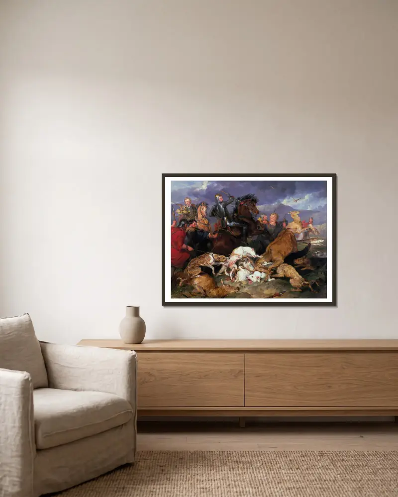 Jakten i Chevy Chase av Sir Edwin Henry Landseer inramad på en vägg