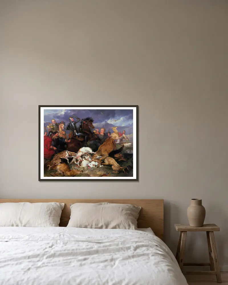 Jakten i Chevy Chase av Sir Edwin Henry Landseer inramad på en vägg