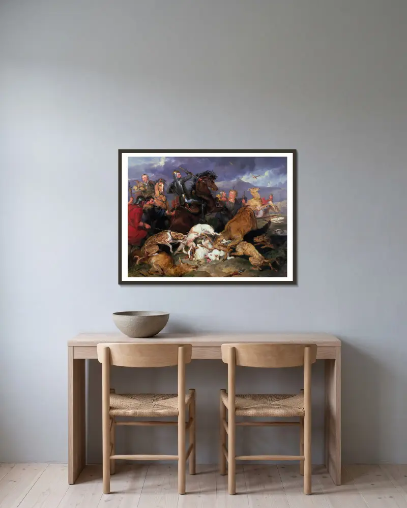 Jakten i Chevy Chase av Sir Edwin Henry Landseer inramad på en vägg