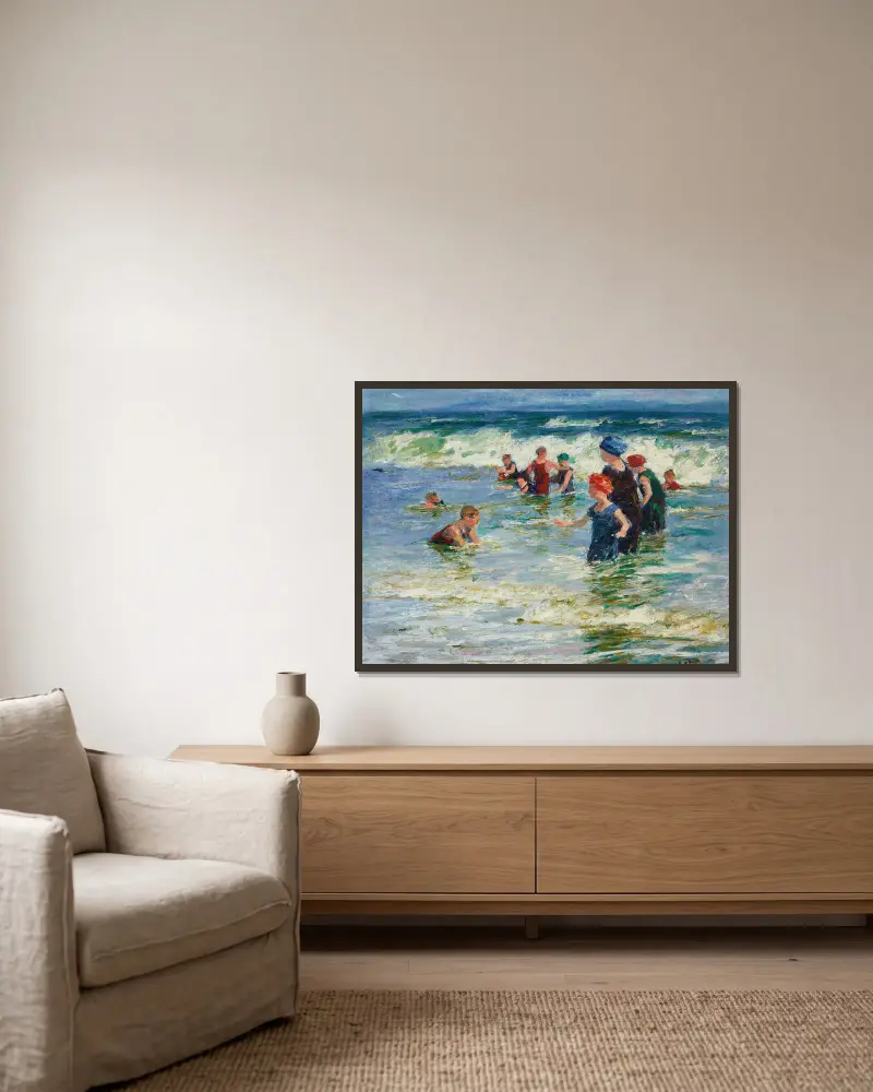 Beach Scene – nr 1 av Edward Henry Potthast inramad på en vägg