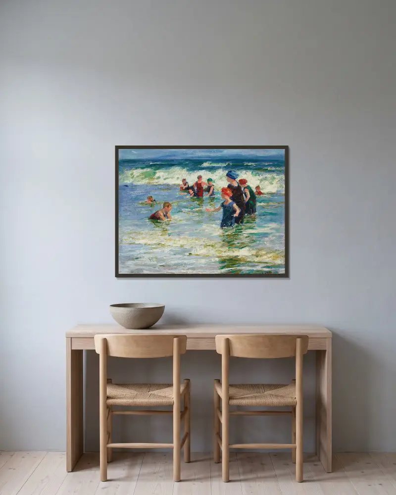 Beach Scene – nr 1 av Edward Henry Potthast inramad på en vägg