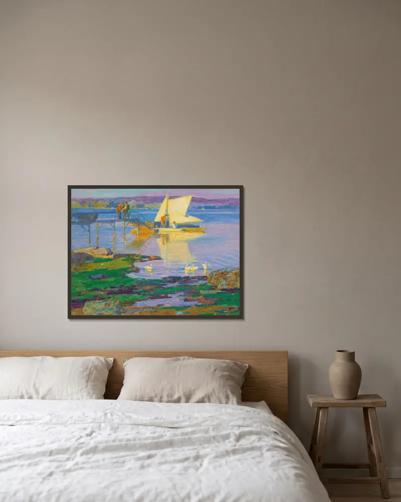 Loď u mola, Edward Henry Potthast v rámu na stěně