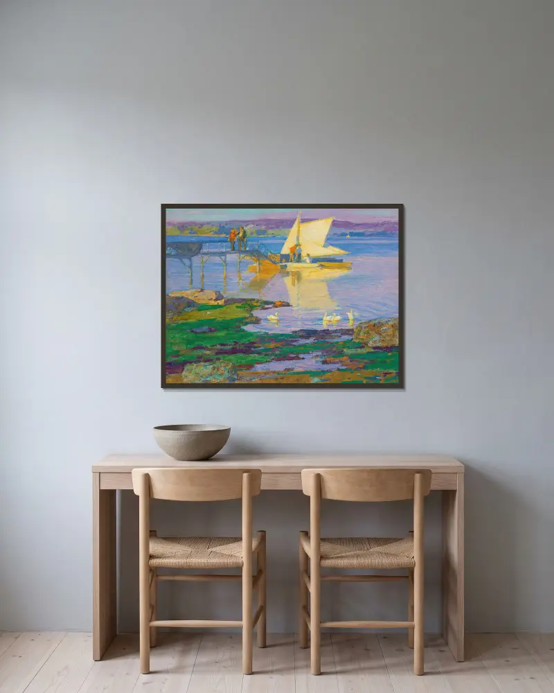 Loď u mola, Edward Henry Potthast v rámu na stěně