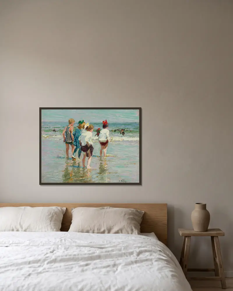 Letní den, pláž v Brightonu, Edward Henry Potthast v rámu na stěně