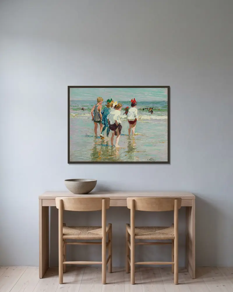 Letní den, pláž v Brightonu, Edward Henry Potthast v rámu na stěně