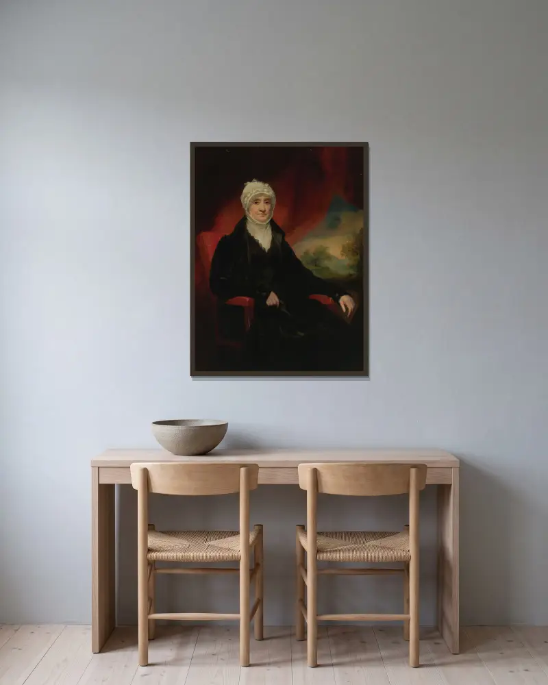Porträtt av en dam, kallad Mrs. Marion Corry Gilchrist av Sir Henry Raeburn inramad på en vägg