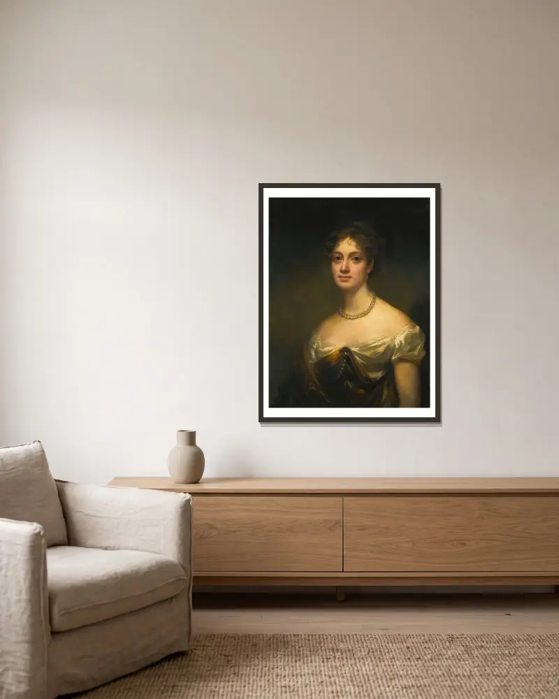 Porträtt av Anne Blair Maconochie Welwood av Garvock, Lady Meadowbank av Sir Henry Raeburn inramad på en vägg