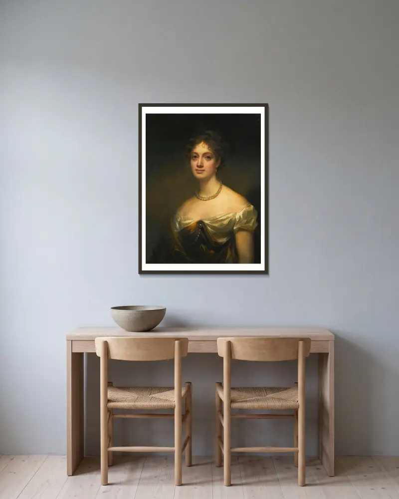 Porträtt av Anne Blair Maconochie Welwood av Garvock, Lady Meadowbank av Sir Henry Raeburn inramad på en vägg