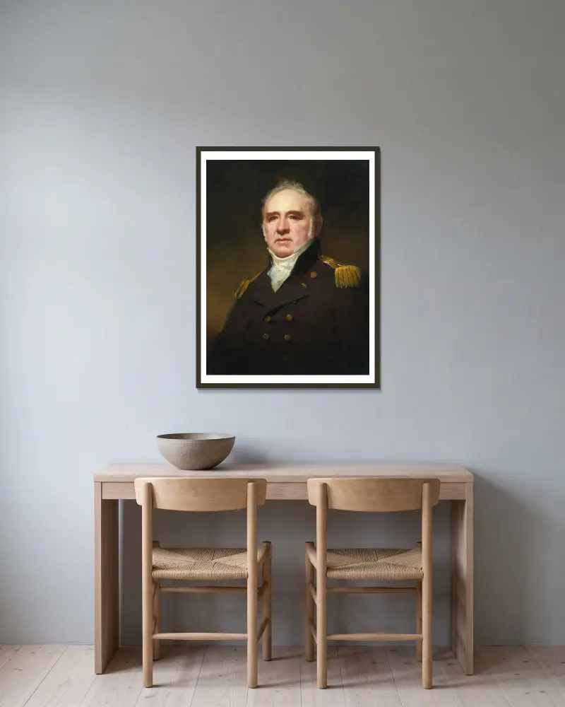 Porträt von Kapitän James Forbes-Drummond, R.N., von Hawthornden von Sir Henry Raeburn gerahmt an einer Wand