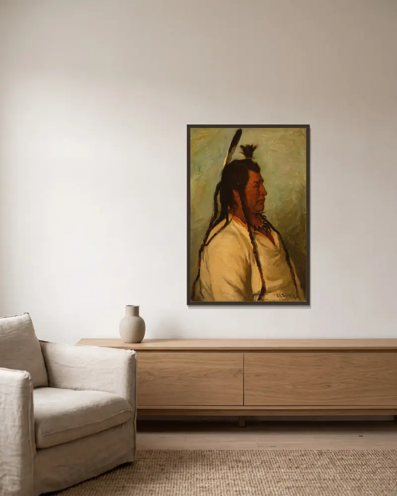 Big Brave, Blackfeet Dance Chief av Joseph Henry Sharp inramad på en vägg