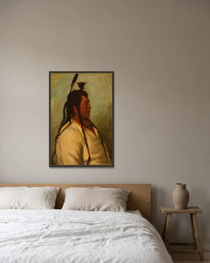 Big Brave, Blackfeet Dance Chief av Joseph Henry Sharp inramad på en vägg