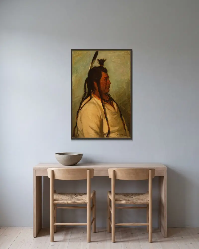 Big Brave, Blackfeet Dance Chief av Joseph Henry Sharp inramad på en vägg
