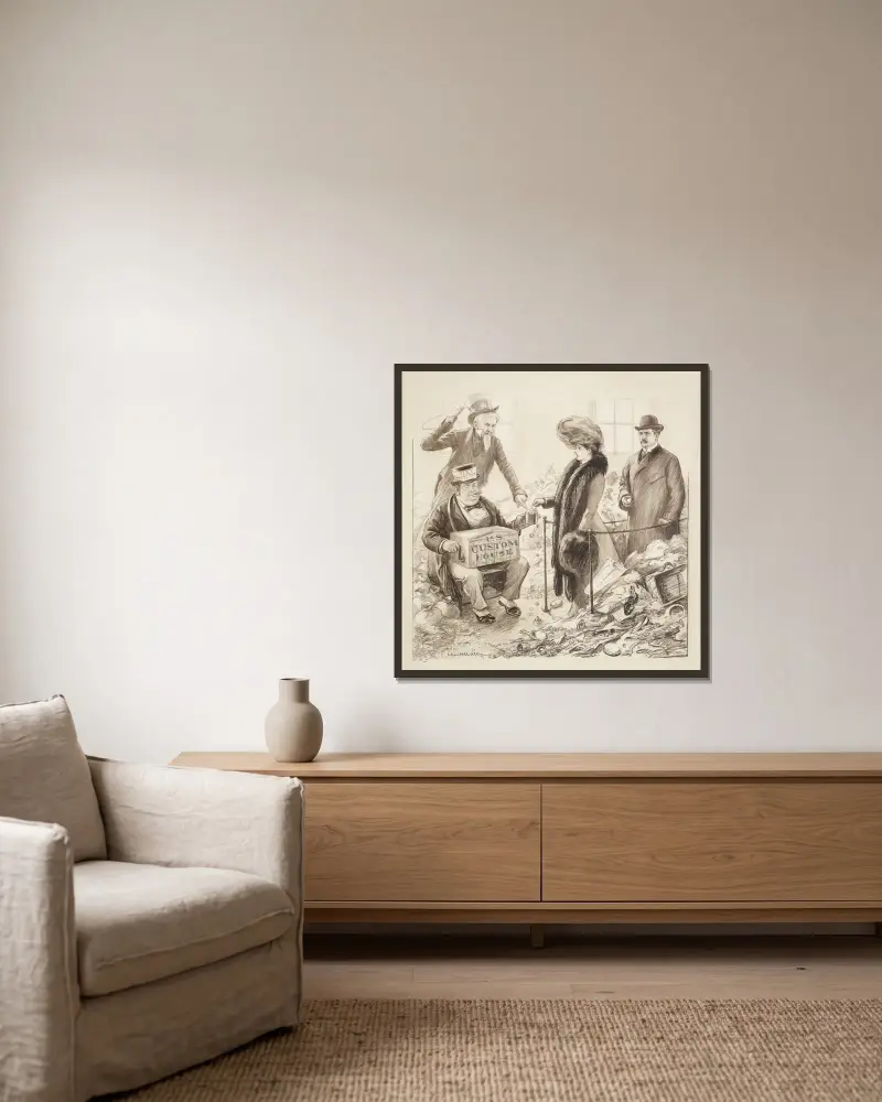 Płacząca kobieta i rozgniewany mężczyzna zmuszeni przez Wujka Sama do wrzucenia pieniędzy do kubka żebraka, William Henry Walker w ramie na ścianie